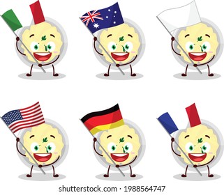 Der Cartoon-Charakter der Kartoffeln bringt die Flaggen verschiedener Länder mit. Vektorgrafik