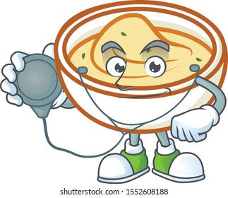 Mashed potatoes cartoon character with mascot doctor.