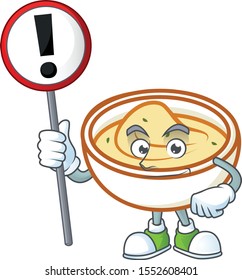 Mashed potatoes cartoon character with mascot with sign warning.