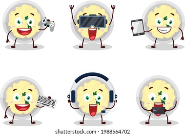 Mashed potatoes cartoon character are playing games with various cute emoticons. Vector illustration
