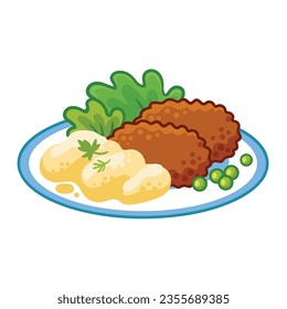 Mashed potatoes with cutlets, green peas and salad on a white plate. Vector illustration in cartoon style on white background. svg