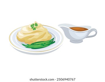 Mashed potatoes with green beans and gravy vector illustration. Mashed potatoes on a plate icon vector isolated on a white background. Gravy sauce boat drawing