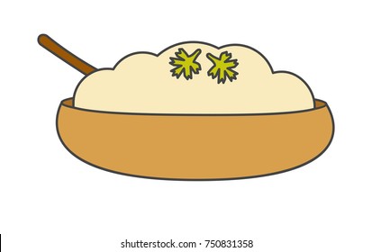 Mashed potatoes with herbs in bowl flat style vector icon isolated on white background. Thanksgiving day meal. Traditional dish of american settlers illustration for applications, logos or web design