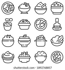 Iconos de puré de papas. Conjunto de esquemas de iconos vectoriales de puré de patatas para el diseño web aislado en fondo blanco