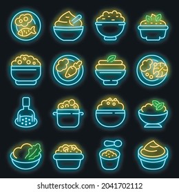 Mashed potatoes icons set. Outline set of mashed potatoes vector icons neon color on black