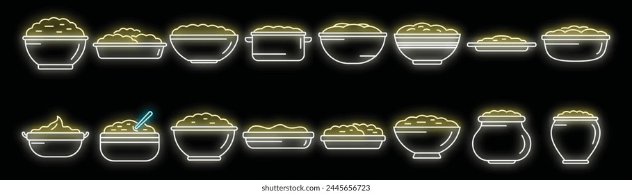 Mashed potatoes icons set outline vector. Food breakfast. Mash potato neon color on black