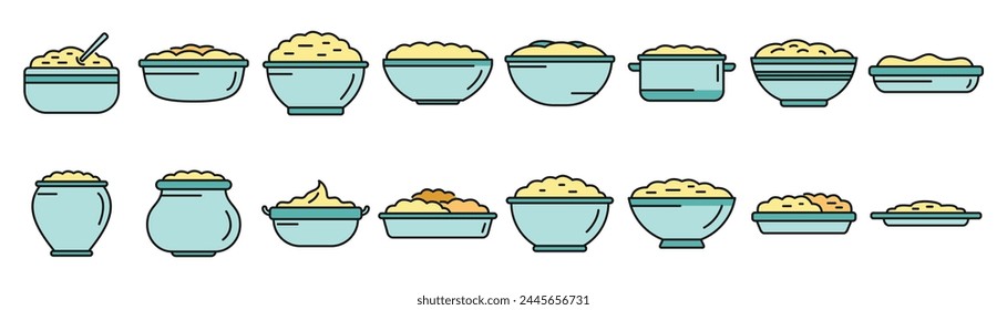 Mashed potatoes icons set outline vector. Food breakfast. Mash potato thin line color flat on white