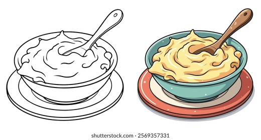 Mashed Potatoes Line Art Vector Illustration Black and White with Coloring Sample. Bold and Easy Food and Snacks Coloring Pages for Adults and Kids.