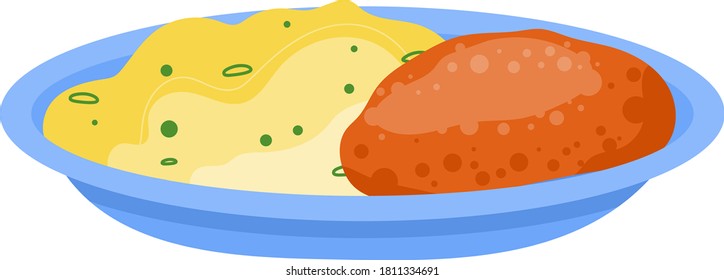 Mashed potatoes, meat cutlet, flesh dish menu, main meal, cuisine food isolated on white, design, flat style vector illustration. Delicious beanfeast, traditional classic dinner, tender boiled beef.