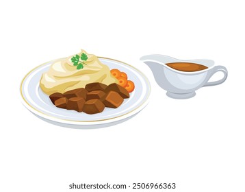 Mashed potatoes with meat and gravy vector illustration. Mashed potatoes and beef on a plate icon vector isolated on a white background. Gravy sauce boat drawing