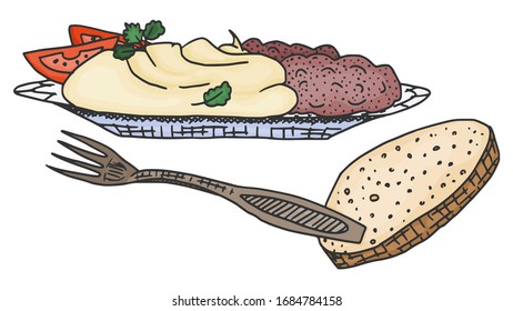 mashed potatoes with meatballs on a dish. doodle sketch vector