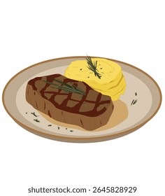 Mashed potatoes with meat.Plate with steak and mash