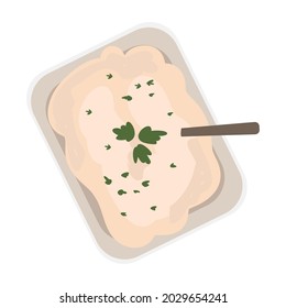 Papas purradas en un plato, aderezadas con hierbas. Un plato tradicional de acción de gracias. ilustración vectorial aislada en fondo blanco.