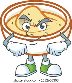 Mashed potatoes with smirking character on white background