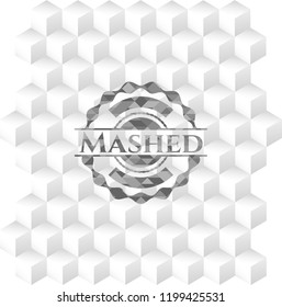 Mashed realistic grey emblem with geometric cube white background