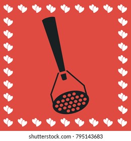 Masher icon flat. Simple black pictogram on red background with white hearts for valentines day. Vector illustration symbol