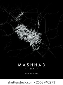 Mashhad vector print map in dark theme. Detailed map of Mashhad in Iran. Best free vector illustration. Tourist decorative minimalist street map.