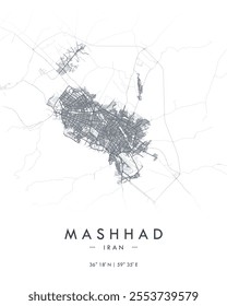 Mashhad vector print map. Detailed map of Mashhad in Iran. Best free vector illustration. Tourist decorative minimalist street map.