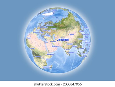 Mashhad-Iran is shown on vector globe map. The map shows Mashhad-Iran 's location in the world.