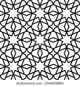 Mashrabiya arabesque arabic pattern. Seamless islamic background with vector ornament of arabian mosaic. Abstract geometric motif of monochrome muslim stars, mashrabiya texture or girih pattern