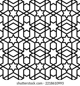 Mashrabiya arabesque arabic window pattern. Seamless islamic background. Vector monochrome ornament. Arabian repeated wallpaper, decorative ramadan motif. Black geometrical figures on white backdrop