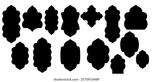 Mashrabiya icon collection. Arabic window and islamic doors frame shape set. Oriental muslim architecture elements.