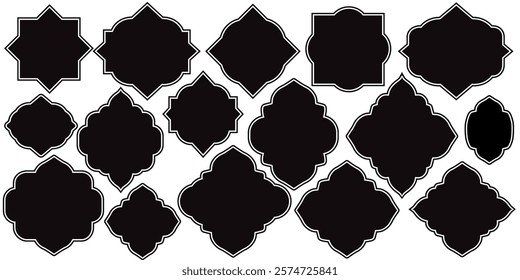 Mashrabiya icon collection. Arabic window and islamic doors frame shape set. Oriental muslim architecture elements.
