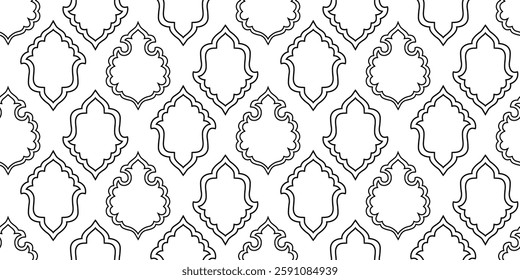Mashrabiya seamless print. Arabic window and islamic doors frame shape print. Oriental muslim architecture elements.