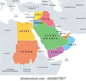 Mashriq, multi colored political map. Also called Arab Mashriq, the Arabic equivalent for the Middle East, and the eastern part of the Arab World, opposed to Maghreb which is the western region.