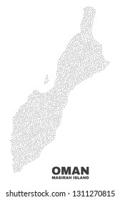 Masirah Island map designed with tiny points. Vector abstraction in black color is isolated on a white background. Random little points are organized into Masirah Island map.