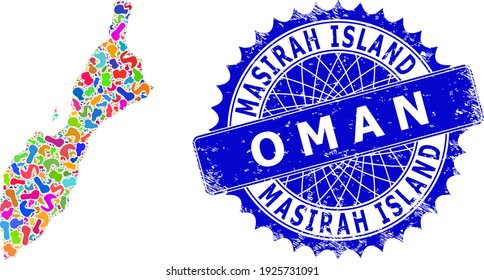 Masirah Island map flat illustration. Spot mosaic map and scratched mark for Masirah Island. Sharp rosette blue mark with tag for Masirah Island map.