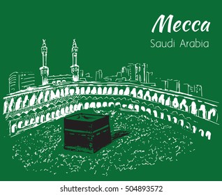 Masjid al-Haram sketch. Mecca. Isolated on green background