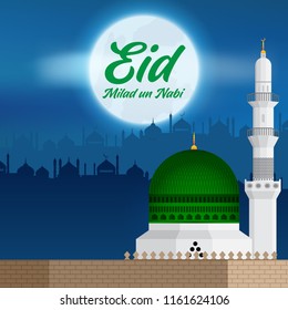 Masjid E Nabvi  Saudi Arabia  eid milad un nabi  eid mubark  gumbad e khizra Madian Pak  Madina sharef  Mosque green color on gradient background Vector Design
