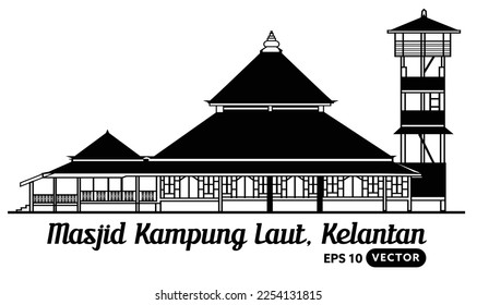 Masjid Kampung Laut (Sea Village Moschee), Kelantan in Malaysia, der Vektorgrafik von Silhouette-Zeichensymbole, traditionell Holz Moschee Malay Kultur