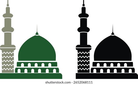 Masjid Nabawi Dome no Medina Saudi-Arabia vetor ilustração ícone conjunto. Hajj Mubarak. Símbolo da bandeira do Ramadã Eid isolado no fundo transparente da mesquita de caligrafia árabe Milad un Nabi Muhammad.