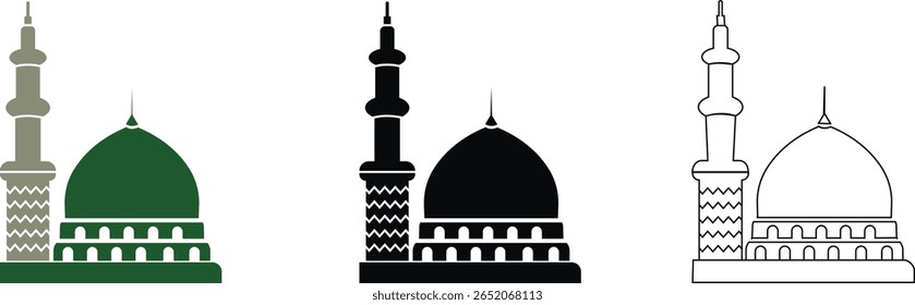 Masjid Nabawi Dome no Medina Saudi-Arabia vetor ilustração ícone conjunto. Hajj Mubarak. Símbolo da bandeira do Ramadã Eid isolado no fundo transparente da mesquita de caligrafia árabe Milad un Nabi Muhammad.