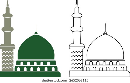 Masjid Nabawi Dome no Medina Saudi-Arabia vetor ilustração ícone conjunto. Hajj Mubarak. Símbolo da bandeira do Ramadã Eid isolado no fundo transparente da mesquita de caligrafia árabe Milad un Nabi Muhammad.