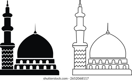 Masjid Nabawi Dome no Medina Saudi-Arabia vetor ilustração ícone conjunto. Hajj Mubarak. Símbolo da bandeira do Ramadã Eid isolado no fundo transparente da mesquita de caligrafia árabe Milad un Nabi Muhammad.
