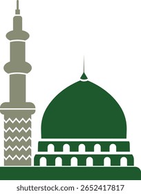 Masjid Nabawi Dome em Medina ícone da ilustração vetorial Arábia Saudita. Hajj Mubarak. Símbolo da bandeira do Ramadã Eid isolado no fundo transparente da mesquita de caligrafia árabe Milad un Nabi Muhammad.
