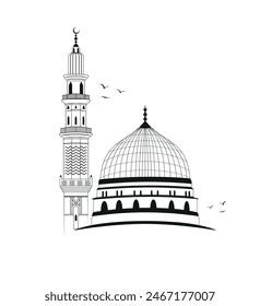 masjid nabawi at medina saudi-arabia vector illustration icon. hajj mubarak. islamic background