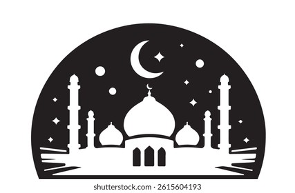 Masjid Silhouette Vector – Islamic Mosque Black Outline with Minarets on White Background