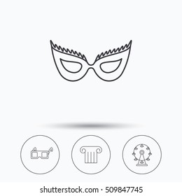 Mask, 3d glasses and column icons. Ferris wheel linear sign. Linear icons in circle buttons. Flat web symbols. Vector