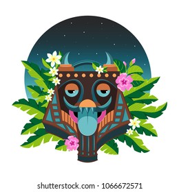 Mask against the starry sky, stylized Hawaiian wooden sculpture. Decorated with hydrangea flowers and palm leaves. Element for decoration and design of posters, booklets, t-shirts