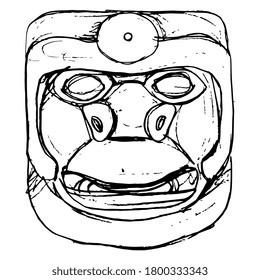 Mask of Aleut Indians. Native American art. Stylized human face in helmet. Hand drawn doodle sketch. Black silhouette on white background.