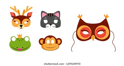 Mask of animals for kids birthday or costume party vector illustrations. Set of cute animals heads for photo booth accessories. Owl, cat, frog portraits 