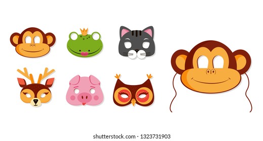 Mask of animals for kids birthday or costume party vector illustrations. Collection of cute zoo animals heads for photo booth icons. Monkey, owl portraits 