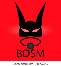 mask BDSM and gag on a red background, the inscription BDSM