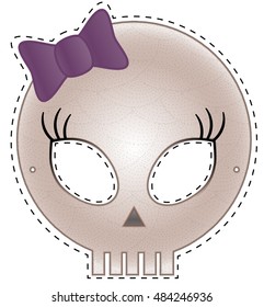 mask of  beautiful girl skull with pink bow, paper cut for halloween, costume of the skeleton