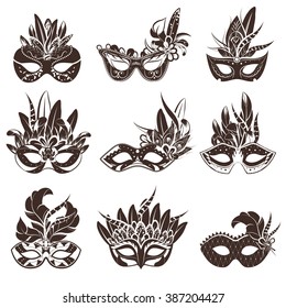 Mask black white icons set for masquerade and theatre performance flat isolated vector illustration 