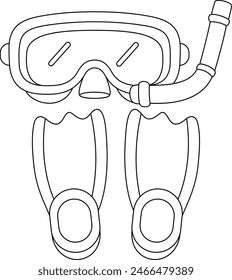 Mask, breathing tube, flippers hand drawn symbols isolated on white background coloring page for kids. Summer activity holiday vector illustration